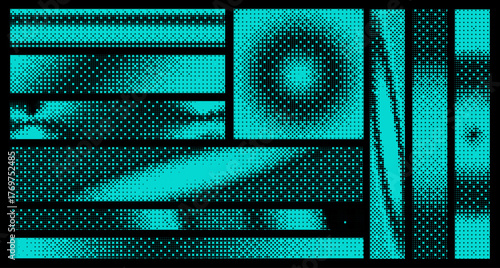 Blue and black pixelated bitmap texture background set. Retro pixel art, glitch dither pattern, 8 bit background. Leisure or arcade games duotone border frame. Vector illustration