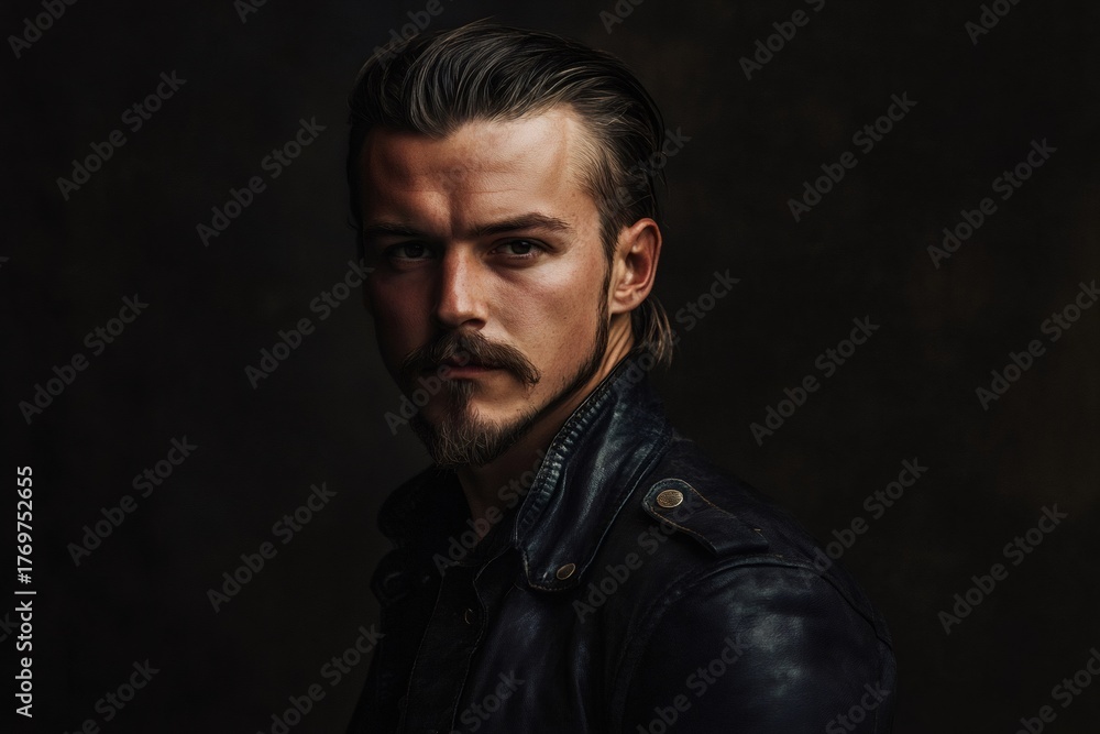 Obraz premium Man with brushed back hair, goatee, and mustache looking directly at the camera with a confident, intense expression