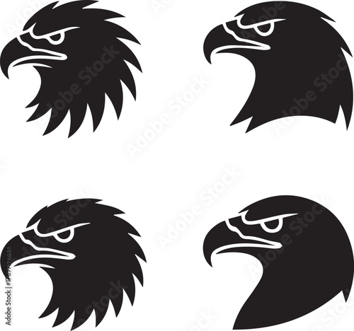 Four black silhouette eagle heads with sharp beaks and feathered necks on a white background hawk bird