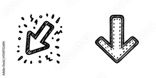 The modern dashed down arrow icon is illustrated in a trendy flat style with hand-drawn elements on a white background