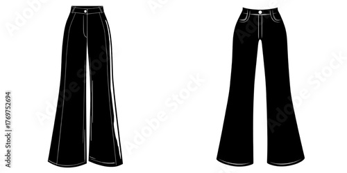 Technical drawing template for high-rise and mid-rise wide leg pants, including high waist and mid waist fit, in denim jeans for women's fashion design