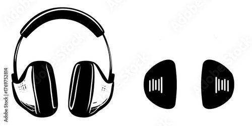 A yellow headset is depicted in a modern illustration isolated on white, accompanied by a flat icon of black and orange headphones, symbolizing an electronic audio gadget and wireless headphone clip