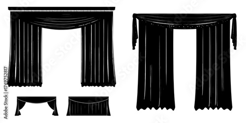 A realistic 3D illustration set of velvet cloth drapery for a cinema, concert, or theatre scene, featuring a blue theater stage curtain that can be closed or open, with varying top border lengths,