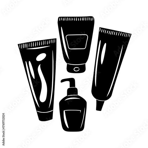 Modern cosmetic products, such as skin care and body care, are illustrated in a hand drawn style, with tubes and bottles of different shapes and forms, in a simple flat design, for use in daily