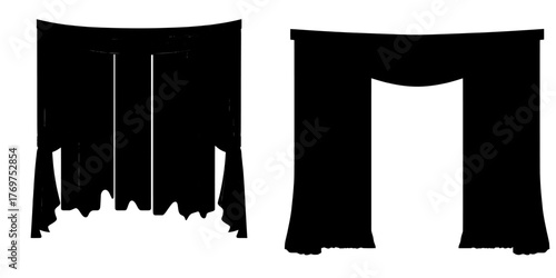 The illustration set depicts a red theater stage curtain, which can be open or closed, and has long and short top borders, all isolated on a white background, showcasing realistic 3D modern drapery