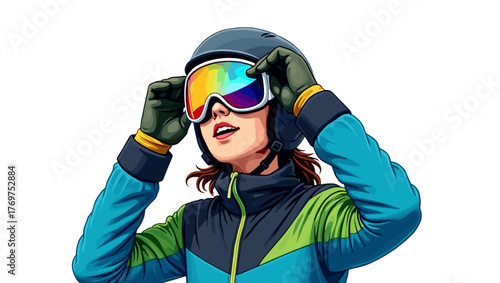 Smiling young skier putting on goggles in blue green jacket and helmet on bright background, concept of alpine skiing and winter activity