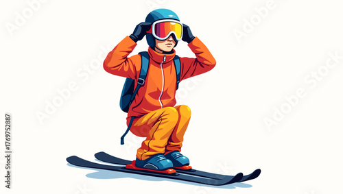 Male skier putting on goggles crouching in orange ski suit with backpack on snow, concept of extreme winter sport and energy