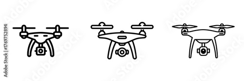 The icon for a drone is represented by a modern quadcopter symbol, and there's also an icon for a drone equipped with a camera, illustrated in a flat style and isolated on a transparent background as