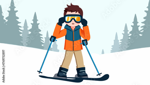 Male skier putting on goggles standing on snowy slope surrounded by pine trees, concept of winter sport and outdoor recreation