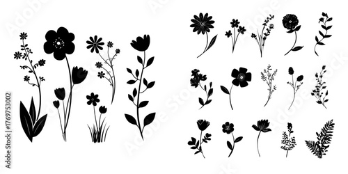 Hand-drawn flower cartoons are showcased in this modern illustration, characterized by a flat, trendy style and textured appearance, perfect for cards, posters, and invitations