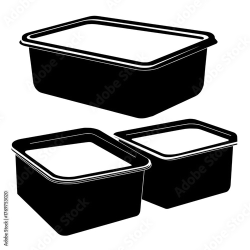 Plastic food container mockups, featuring rectangular styrofoam trays covered with polyethylene for safe food storage, are showcased in a modern realistic illustration, isolated on white background