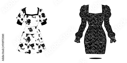 The technical fashion illustration for a square neck dress includes a tiered dress with floral patterns, mini lengths, and puff sleeves in a front view