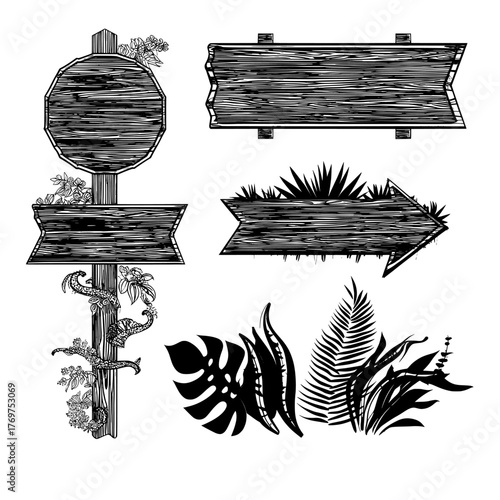A modern cartoon illustration isolated on a white background showcases a set of wooden signboards in different shapes, including round, rectangular, and hexagonal plaques, and an arrow sign, all