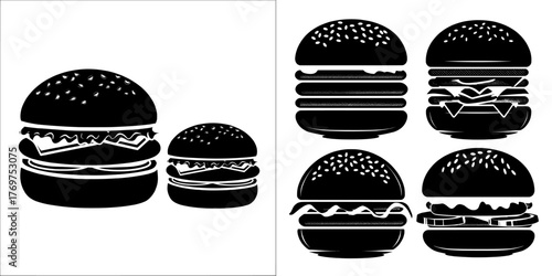 Modern cartoon illustration of fast food snack made of bun with beef, fresh vegetables, sesame, mayo and cheese, set as small and big burgers isolated on white background, featuring restaurant menu