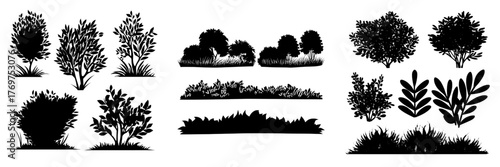 A collection of contemporary bush designs on a white backdrop, featuring green flat bushes and grass in a modern style, along with simple abstract shrubbery and trees, serving as an eco-friendly