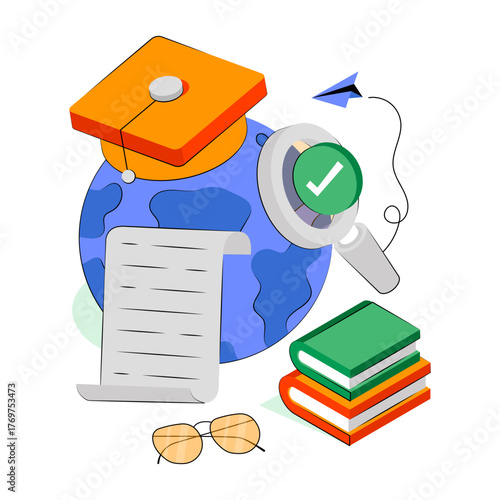 Globe with mortarboard, isometric design of global learning 