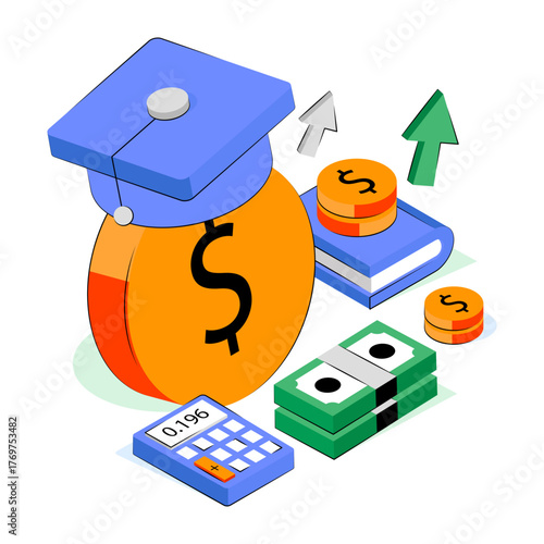 Mortarboard with book and dollar, isometric design of educational grant