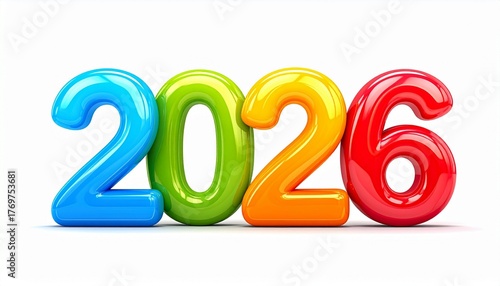 Bright and Glossy 2026 Year Numbers in 3D Bubble Style, Colorful Digits Isolated on White Background