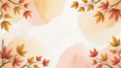 Watercolor Autumn Leaves Border Background, Hand-Painted Fall Maple Foliage Frame Vector, Golden Autumn Watercolor Background with Copy Space, Abstract Warm Yellow Fall Leaves Banner