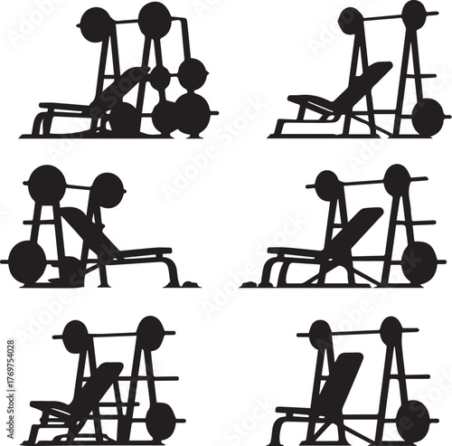 Six black silhouette icons of weightlifting benches with barbells and weight plates gym equipment fitness