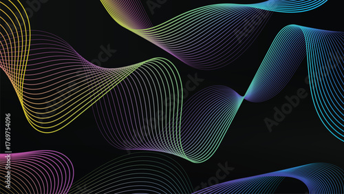 Abstract multicolored flowing lines against a dark backdrop creating a modern and dynamic wave pattern for technological and design applications generating a sense of digital movement