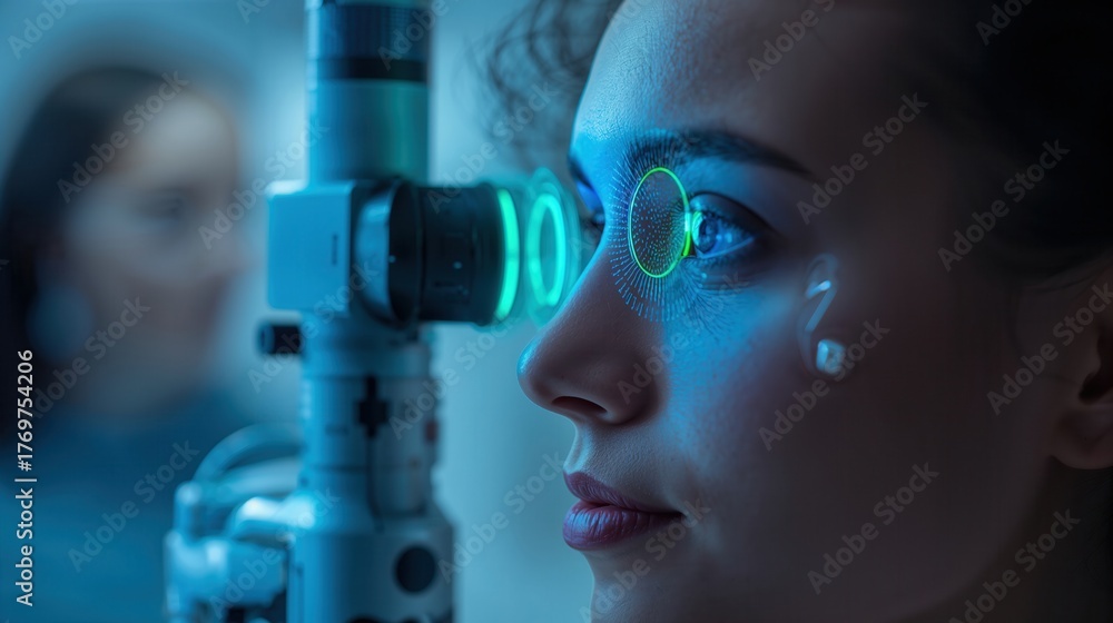 © Ardi - Close-up of a woman during an eye exam using advanced medical equipment for vision assessment. © Ardi - Close-up of a woman during an eye exam using advanced medical equipment for vision assessment.