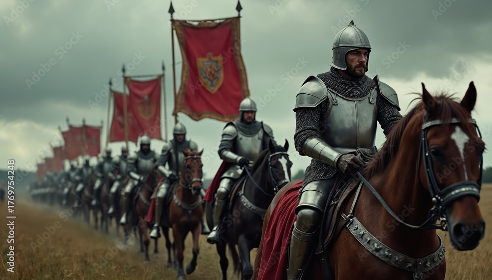 Fototapeta premium Knights ride horses across field. Medieval cavalry with flags march for war. Army wearing armour and helmet move towards battle on horseback. Historical troop patrol land.