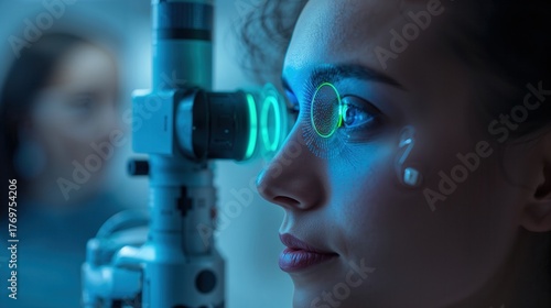 Close-up of a woman during an eye exam using advanced medical equipment for vision assessment.