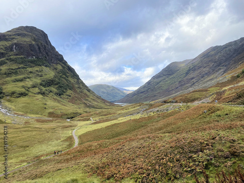 A view of the Scottish Highlands at Glencoe on a cloudy day