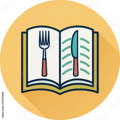 Recipe book and cooking guide concept illustration with fork and knife on open book