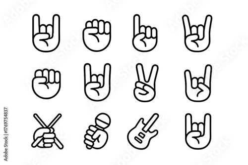 Rock and roll hand gestures representing different music emotions and attitudes in black line art style