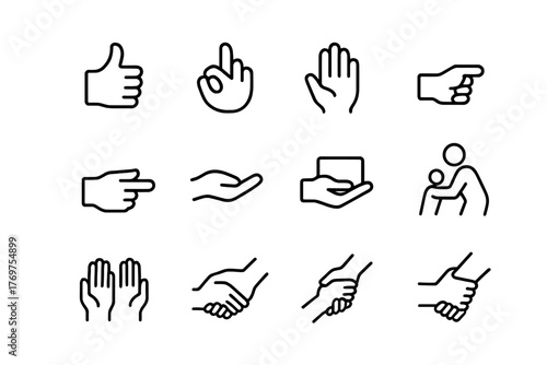 Various hand gesture icons illustrating communication and interaction, showcasing emotions and actions
