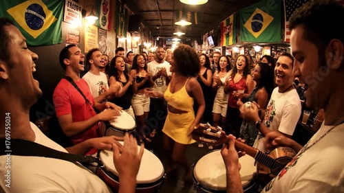 Woman dancing at a lively Roda de Samba in Brazil.