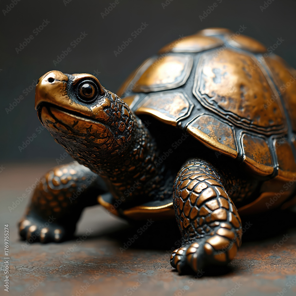Obraz premium Bronze turtle sculpture with detailed shell and head. Artwork portrays animal figurine standing still. Handcrafted statue features realistic texture. Perfect for decor or art collection.