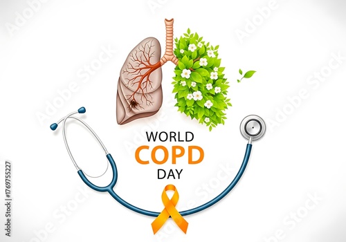 World copd day awareness with lungs and stethoscope isolated on white background