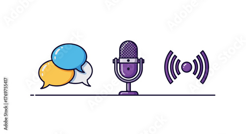 Vibrant vector illustration of three speech bubbles, a classic microphone, and a wireless signal icon, all in shades of purple, blue, and yellow, set against a black background, symbolizing