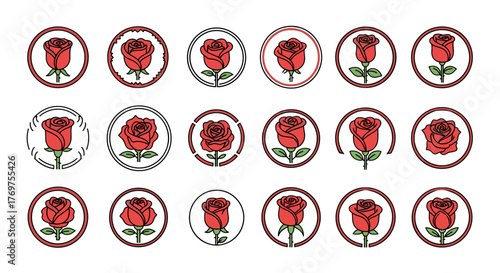 A collection of stylized red rose icons and emblems, each featuring a single bloom with green leaves and stems, presented on a black background. The icons vary in design, with some enclosed in