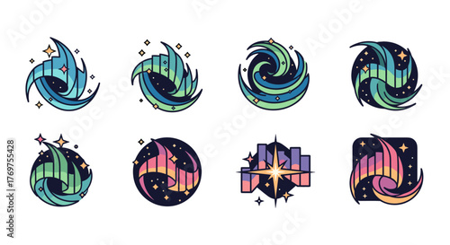 Collection of eight stylized abstract logos and icons featuring swirling waves, aurora borealis, and celestial elements in vibrant blue, green, pink, and yellow hues against a dark background