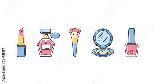 A vibrant and playful collection of essential beauty products, including a pink lipstick, a stylish perfume bottle, a fluffy makeup brush, a compact mirror, and a bottle of nail polish, all rendered