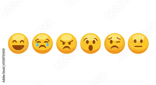 A spectrum of human emotions displayed as yellow emoji faces against a stark black background, showcasing a range from joy and sadness to anger, surprise, worry, and neutrality, representing diverse