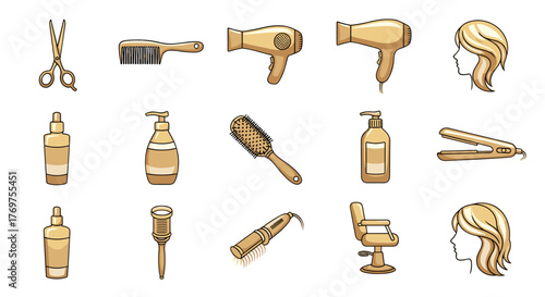 Golden Hair Salon Icons Set: Featuring Scissors, Combs, Hairdryers, Brushes, Shampoo Bottles, Straighteners, Barber Chair, and Stylized Hair Silhouettes for a Professional and Elegant Aesthetic.