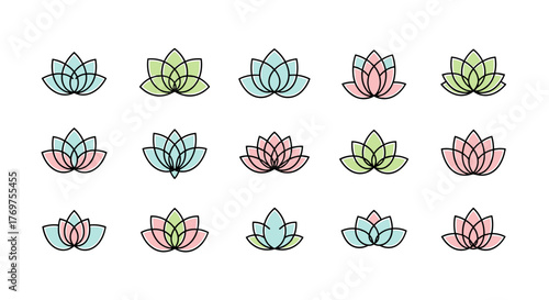 A collection of stylized lotus flower icons in pastel colors, featuring delicate petal designs and clean lines, perfect for branding, wellness, and spa-related projects, symbolizing purity, rebirth