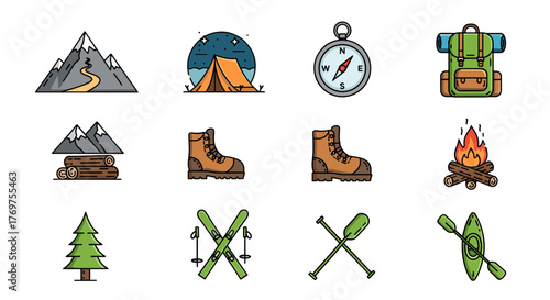 Collection of flat design icons representing outdoor adventure and camping activities, including mountains, tents, compass, backpack, hiking boots, campfire, pine tree, skis, paddles, and kayak
