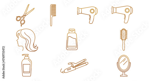 Golden outline icons of hair salon and beauty care tools on a black background, including scissors, comb, hair dryer, hairbrush, shampoo bottle, curling iron, mirror, and a woman's silhouette