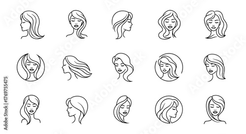 Collection of fifteen stylized white line art illustrations of diverse female faces and hairstyles on a black background, showcasing profile and frontal views, circular frames, and varying hair