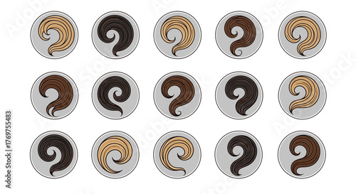 Collection of stylized hair swatches in various natural shades, including blonde, brown, and black, presented in circular icons on a dark background, perfect for beauty and salon branding.