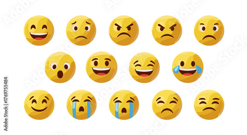 Collection of 3D rendered yellow emoji faces expressing a wide range of emotions, including happiness, sadness, anger, surprise, and laughter, set against a plain black background for versatile use