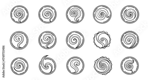 A collection of fifteen unique circular spiral graphic elements, presented in white on a black background, featuring intricate and varied designs, perfect for abstract backgrounds, decorative
