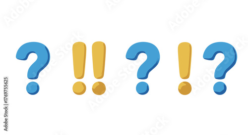 A vibrant 3D illustration featuring a row of blue question marks and yellow exclamation points against a stark black background, symbolizing inquiry, surprise, and communication in a visually
