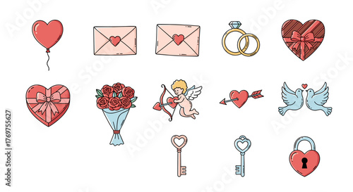 A charming collection of Valentine's Day icons, featuring a red heart balloon, love letters, wedding rings, heart-shaped gift boxes, a bouquet of roses, Cupid with a bow and arrow, an arrow through a